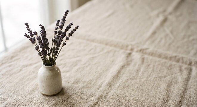 Small Ceramic Vase with Dried Lavender on Linen Fabric, Minimalist Home Decor Background for Website Banner