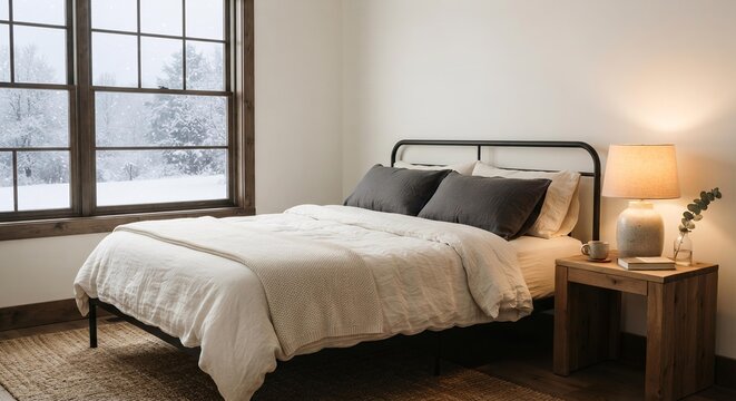 Minimalist Bedroom Interior with Snowy Window View, Cozy Winter Home Decor and Wellness Concept