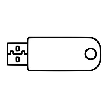 Minimalist hand-drawn vector icon illustration of a standard USB flash storage drive with lanyard attachment hole, clean monochrome outline line art style, scalable graphic for tech, digital device