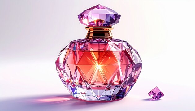 Luxurious crystal perfume bottle with pink liquid and diamond cap on white surface