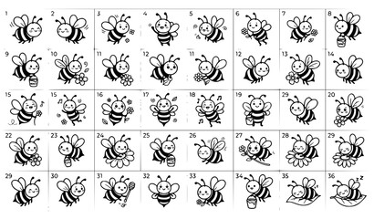 Fototapeta premium Adorable Cartoon Bee Outline Coloring Page Bundle Black and White Vector Collection