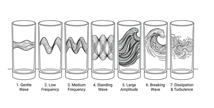 Wave Physics Visuals: 7 Stages of Water Motion, From Gentle Ripples to Breaking Waves and Dissipation, Scientific Illustration