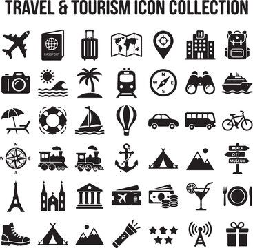 Comprehensive travel, tourism, and vacation solid black glyph icon set