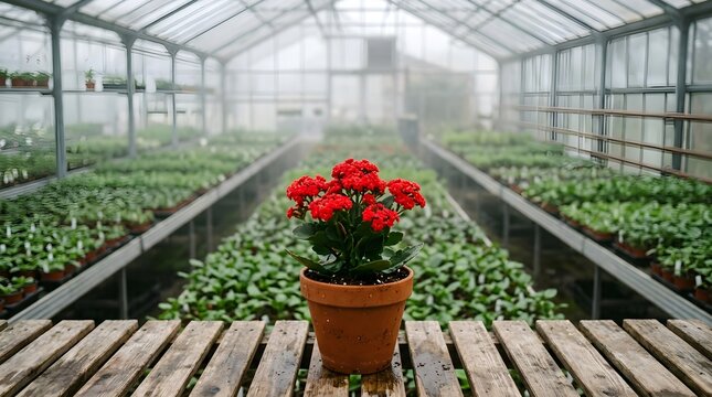 Small potted red geranium flower on wooden greenhouse table with blurred foliage background