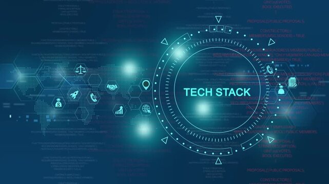 Tech stack digital hud interface with global network data and software development code overlay digital interface