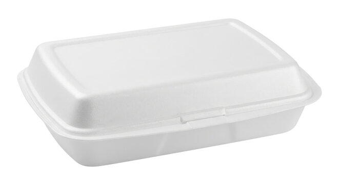 A white styrofoam takeout container with a lid on a plain background.