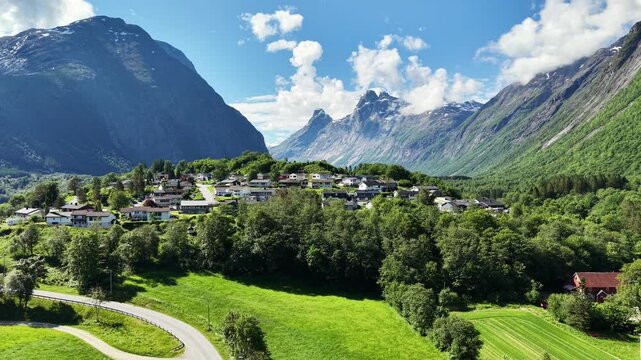 Drone Flight Over Traditional Norwegian Village in Trollstigen Valley