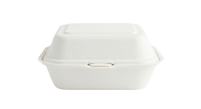 A white styrofoam takeout container with a lid on a plain background