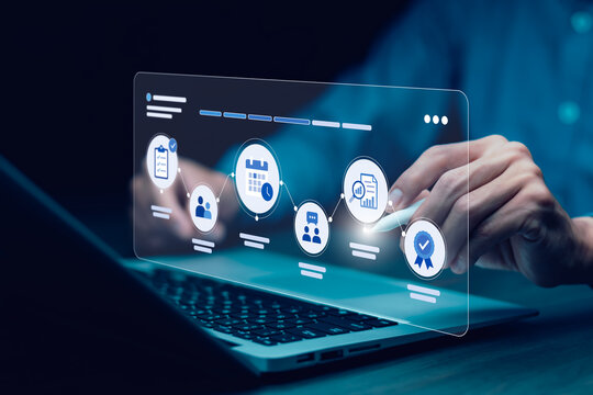 Employee onboarding workflow with tasks, team, schedule, communication, performance review and certification, representing workforce integration and training progress.