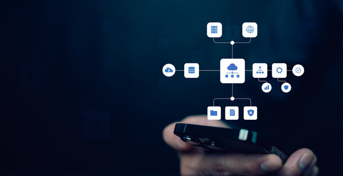Cloud infrastructure concept with connected servers, database, files, security and analytics icons, representing network architecture, data integration and secure digital operations.