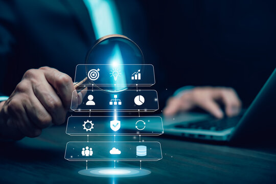 Enterprise architecture framework with strategy, people, automation, security, cloud and data layers, representing business transformation and integrated digital operations.