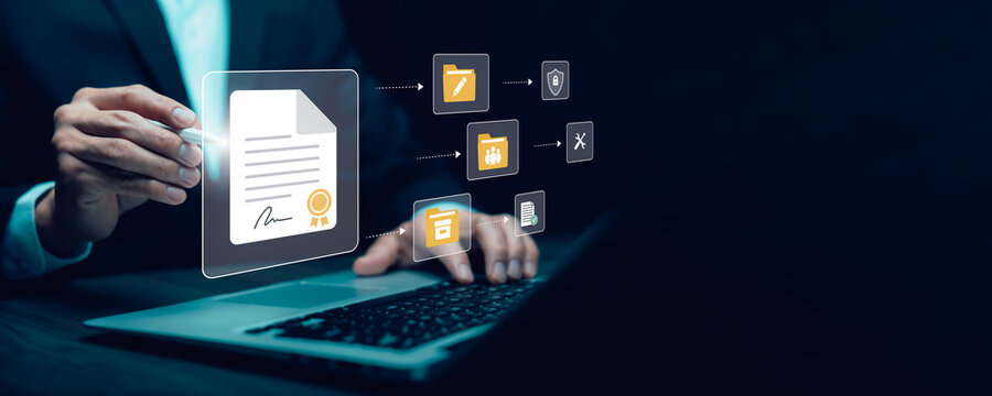 Contract lifecycle management with digital signature, secure folders, team collaboration, archiving and verification stages, representing automated document workflow and compliance.