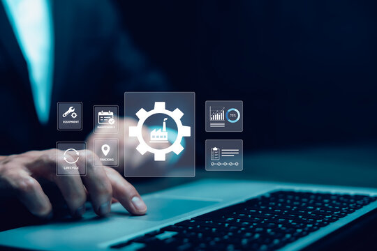 Asset management concept with equipment, maintenance, lifecycle tracking and performance analytics, representing predictive maintenance and industrial operations.