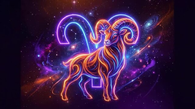 Neon ram symbolizing the Aries zodiac sign against a cosmic starry background with glowing astrological symbol