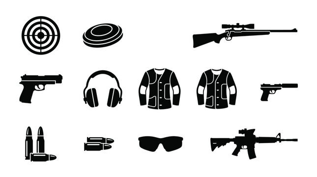 Black and white icons of shooting sports equipment: rifle, pistol, shotgun, targets, shotgun shells, ear protection, safety glasses, clay pigeon, shooting jacket