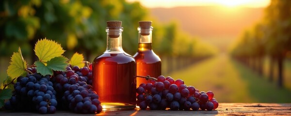 Obraz premium Glass bottles of brandy stand on wooden table outdoor near vineyard rows at sunset. Fresh dark grapes lie beside alcohol containers. Rural winery landscape scene offers warm lighting atmosphere for
