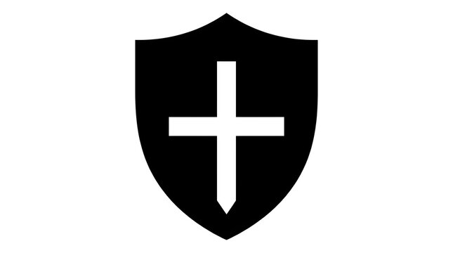 Minimalist black shield icon with white medieval cross sword symbol of protection and security on white background