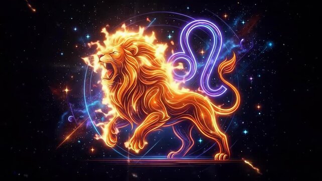 Neon orange lion roaring next to glowing blue Leo zodiac symbol against a starry cosmic background