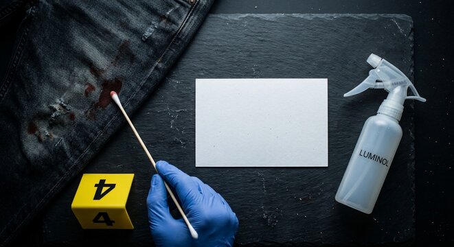 Evidence Collection Scene with Denim Bloodstain and Luminol Spray