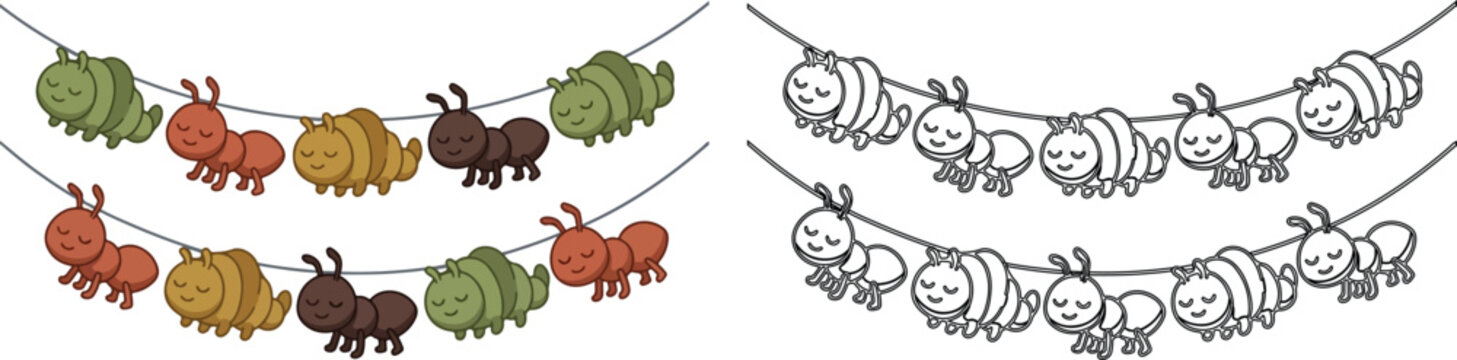 Cute caterpillar and ant garland vector set, colorful insect bunting for kids party, black and white bug outline for coloring book