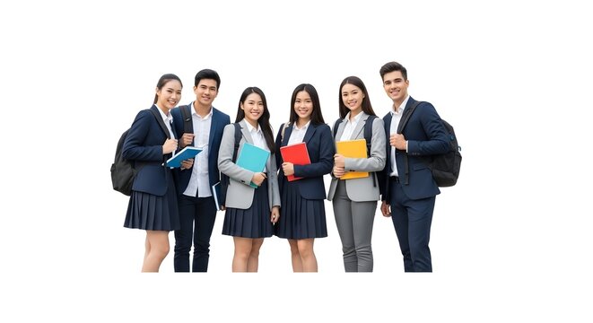 group of young professional students standing together holding books and folders in casual formal attitudes with smiles in white and dark blue uniforms
