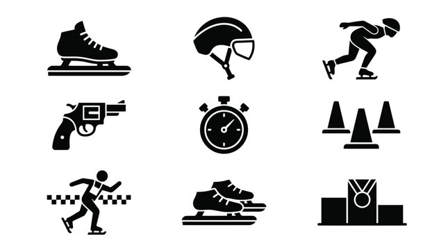 Speed Skating Winter Sport Glyph Icon Set featuring Skater, Helmet, Skates, Stopwatch, Pistol, and Podium
