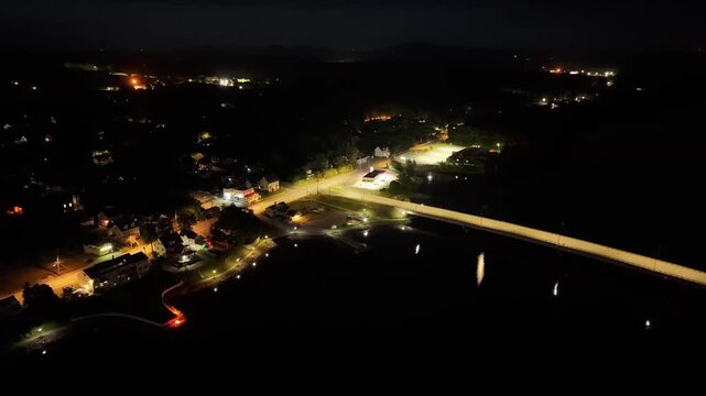 Drone Aerial Night Timelapse View Of Route 15 and Route 1A Intersection From Verona Island, Maine 