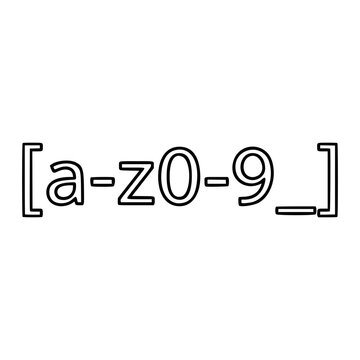 Minimalist vector icon of regular expression bracket set with alphanumeric character range syntax, hand-drawn outline style, scalable line illustration for programming, coding and software