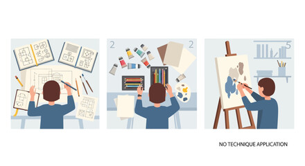 Fototapeta premium Artist Drawing, Painting, and Creating Art with Supplies and Easel