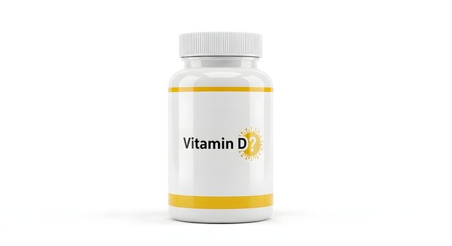 Health supplement bottle with vitamin D label in white and yellow colors on clean background suitable for healthcare and wellness themes