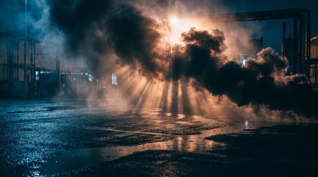 Humo denso y oscuro se desplaza sobre un suelo mojado y brillante, iluminado por un fuerte contraluz que crea un ambiente misterioso, dram&aacute;tico y cinematogr&aacute;fico.