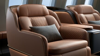 Fototapeta premium Comfortable armchairs in a modern lounge at an airport during the day
