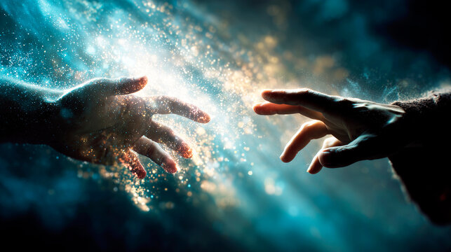 Two hands reaching out to each other amidst glowing cosmic dust.