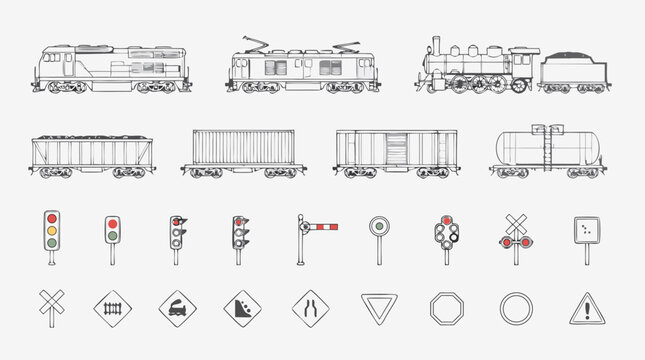 Thin line vector icon set of cargo trains, freight wagons, locomotives, rail signals, crossing signs and railway warnings, detailed flat transportation symbols on light background layout