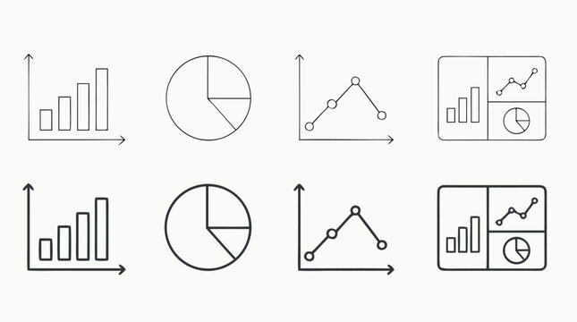 Thin line data visualization icon set with bar charts, pie charts, trend graphs and analytics dashboards, editable stroke vector symbols for reports, business intelligence and web UI design