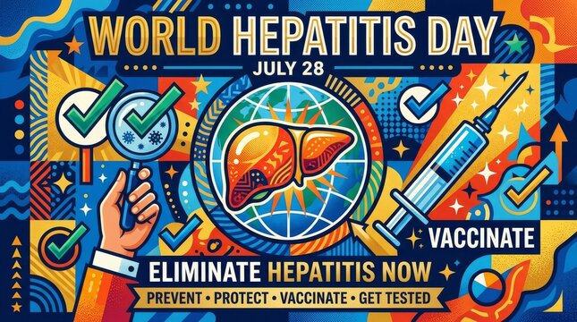 World Hepatitis Day July 28, a vibrant graphic illustration promoting hepatitis elimination through vaccination and testing.