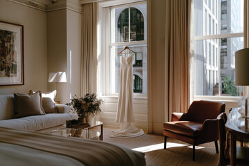 Fototapeta premium A stylish room featuring a beautiful wedding dress elegantly displayed against a window, expressing love, romance, and the anticipation of special moments.
