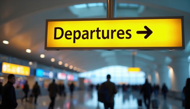 Yellow illuminated departures sign with arrow points right in busy blurred airport terminal hall. People walk with luggage towards their gates. Travelers go on vacation or business trips.
