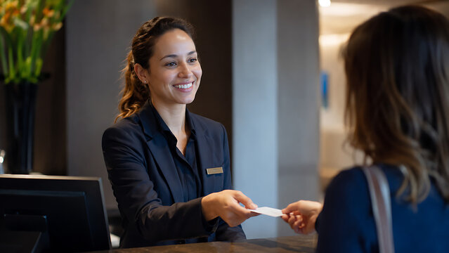 Female Hotel Receptionist Welcoming Guest at Front Desk