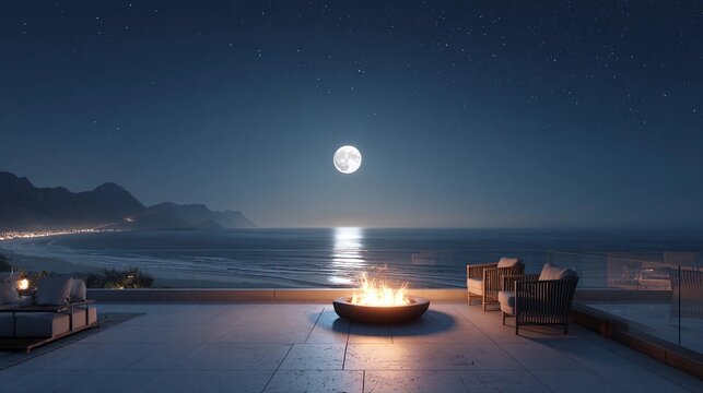 Full moon shining over ocean waves with a fire pit on a balcony in a coastal area at night with mountains in the background