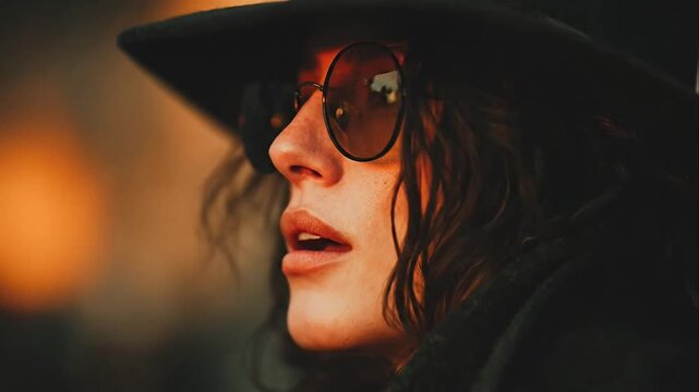 Stylish woman wearing black wide brimmed hat and sunglasses.