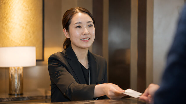 Female Hotel Receptionist Welcoming a Guest at Front Desk