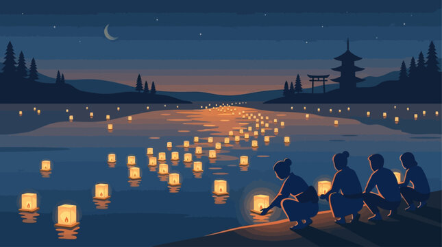 A serene flat design illustration depicting individuals floating glowing lanterns on a calm body of water at dusk, symbolizing remembrance and peace during the Obon festival. 