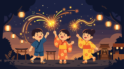 Naklejka premium A delightful flat design illustration depicting children joyfully playing with glowing sparklers during an Obon festival evening. 
