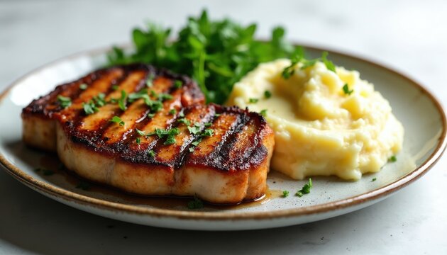 Grilled pork chop served with creamy mashed potatoes, fresh green herbs on round plate. Juicy roasted meat cutlet with potato puree side dish for hearty dinner meal. Restaurant cooked gourmet food