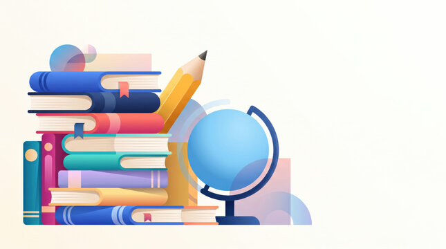 Colorful back to school education illustration featuring stacked books, globe and pencil on clean background, symbolizing knowledge, learning, academic success, teaching, classroom preparation.