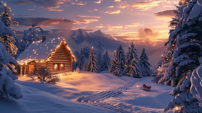 Cozy log cabin surrounded by snow-covered trees at sunset, with warm lights glowing in the winter landscape