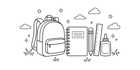 Back to school supplies outline backpack notebook pencil and ruler illustration © Halima