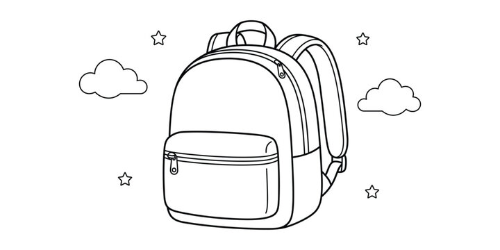 Black and white line art of a school backpack with clouds and stars