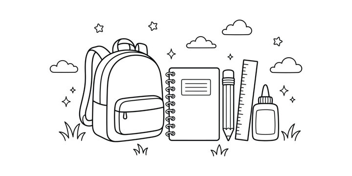Back to school supplies outline backpack notebook pencil and ruler illustration